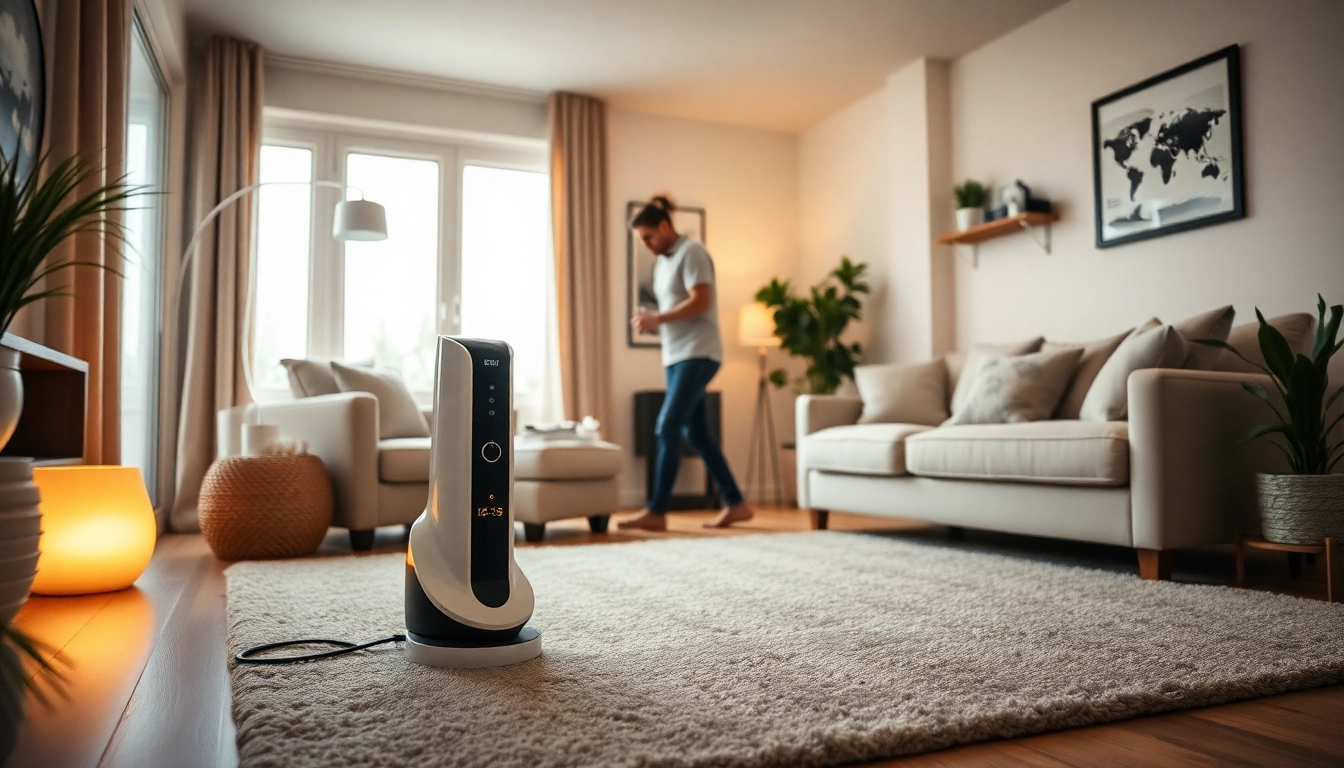 Akku Staubsauger reinigt mühelos den Teppich in einem stilvollen Wohnzimmer.