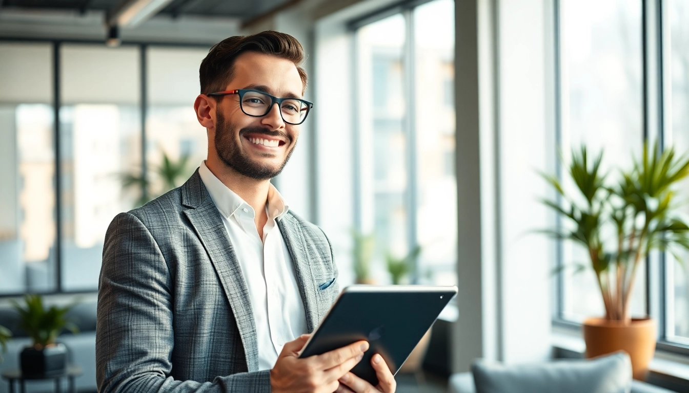 Headhunter Wolfsburg in modernem Büro mit Tablet, der Kunden berät.