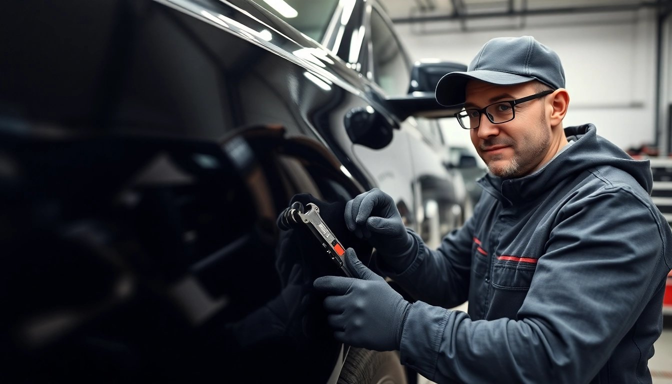 Kratzer vor Rückgabe entfernen München: Mechaniker beseitigt sorgfältig einen Lackkratzer an einem Leasingfahrzeug in einem modernen Workshop.
