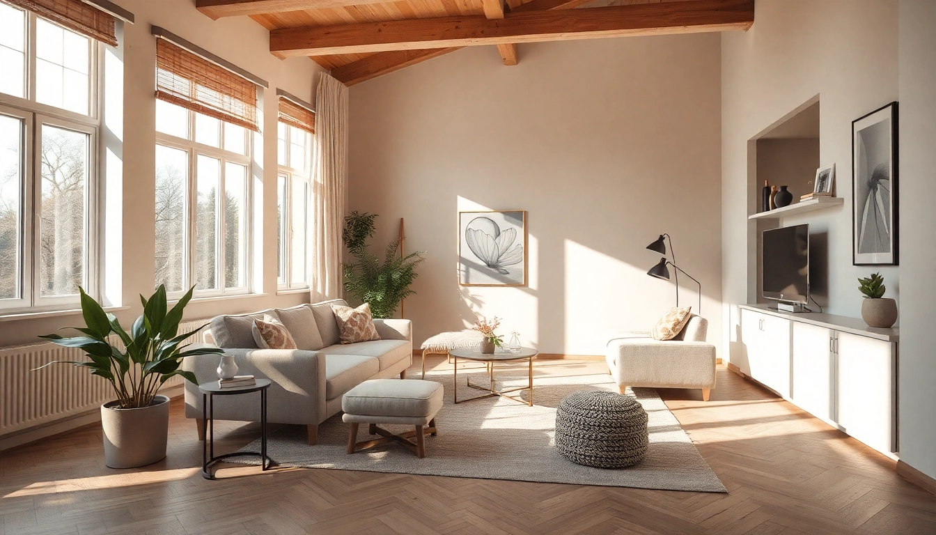 Moderne Raumgestaltung zeigt eine stilvolle, einladende Sitzecke mit harmonischen Erdtönen.