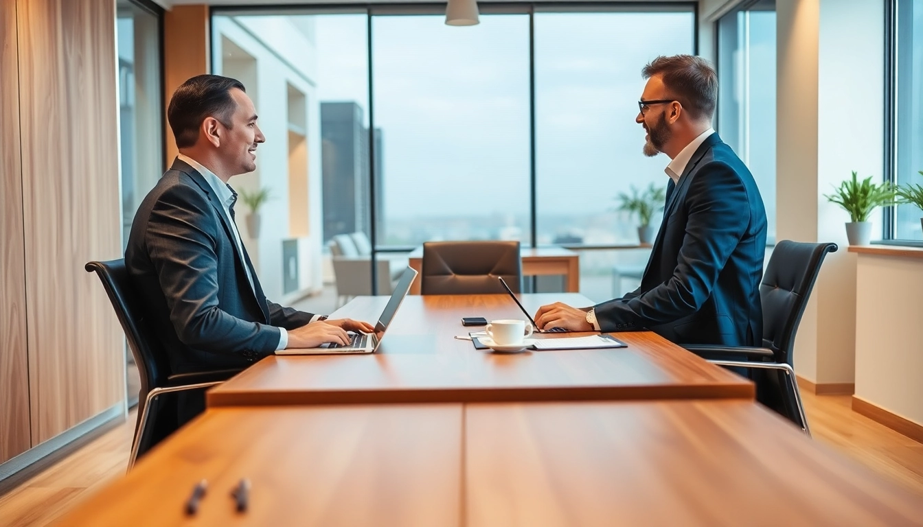 Headhunter Sales: Ein professioneller Headhunter, der mit einem Kandidaten in einer modernen Büroatmosphäre spricht.