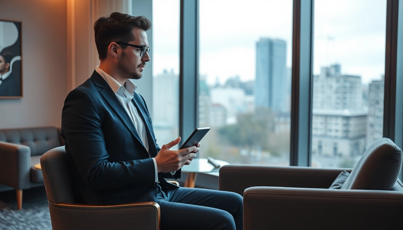 Professioneller Headhunter Krefeld, der in einem eleganten Büro arbeitet und auf ein Tablet schaut.