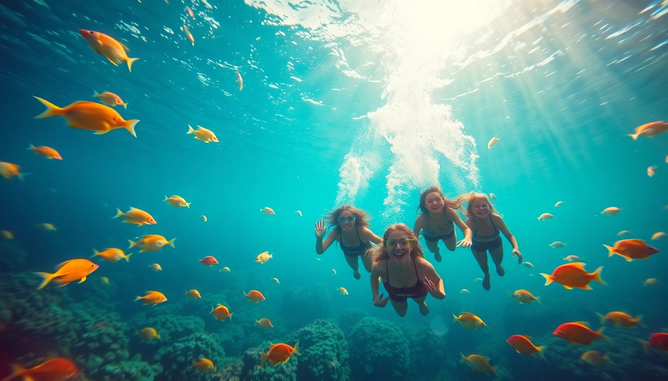 Tauchschule Playa del Carmen: Gruppe von Tauchern im kristallklaren Wasser umgeben von Korallen und bunten Fischen.