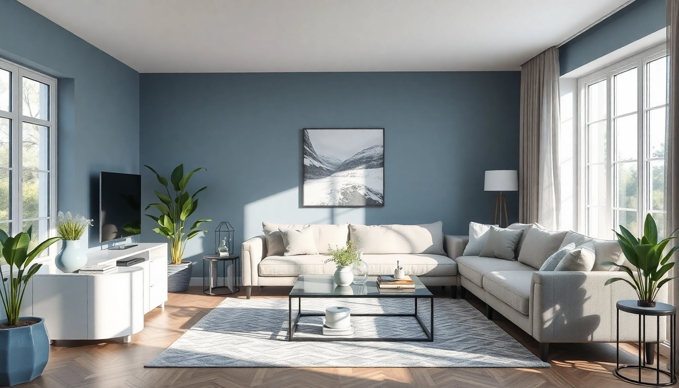 Moderne Raumgestaltung mit minimalistischem Wohnzimmer und Pflanzen.