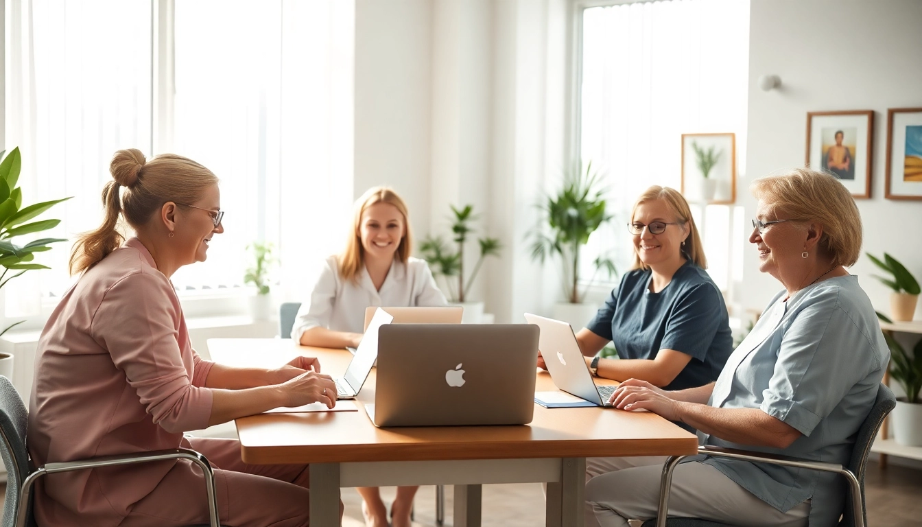 Headhunter Pflegekräfte in einer professionellen Büroszene beim Austausch von Ideen und Informationen.