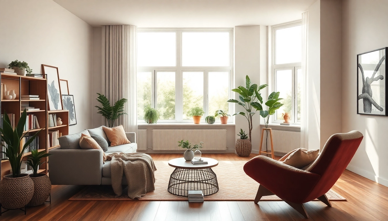 Modernes Wohnzimmer in stilvoller Raumgestaltung mit Erdtönen und viel Licht.