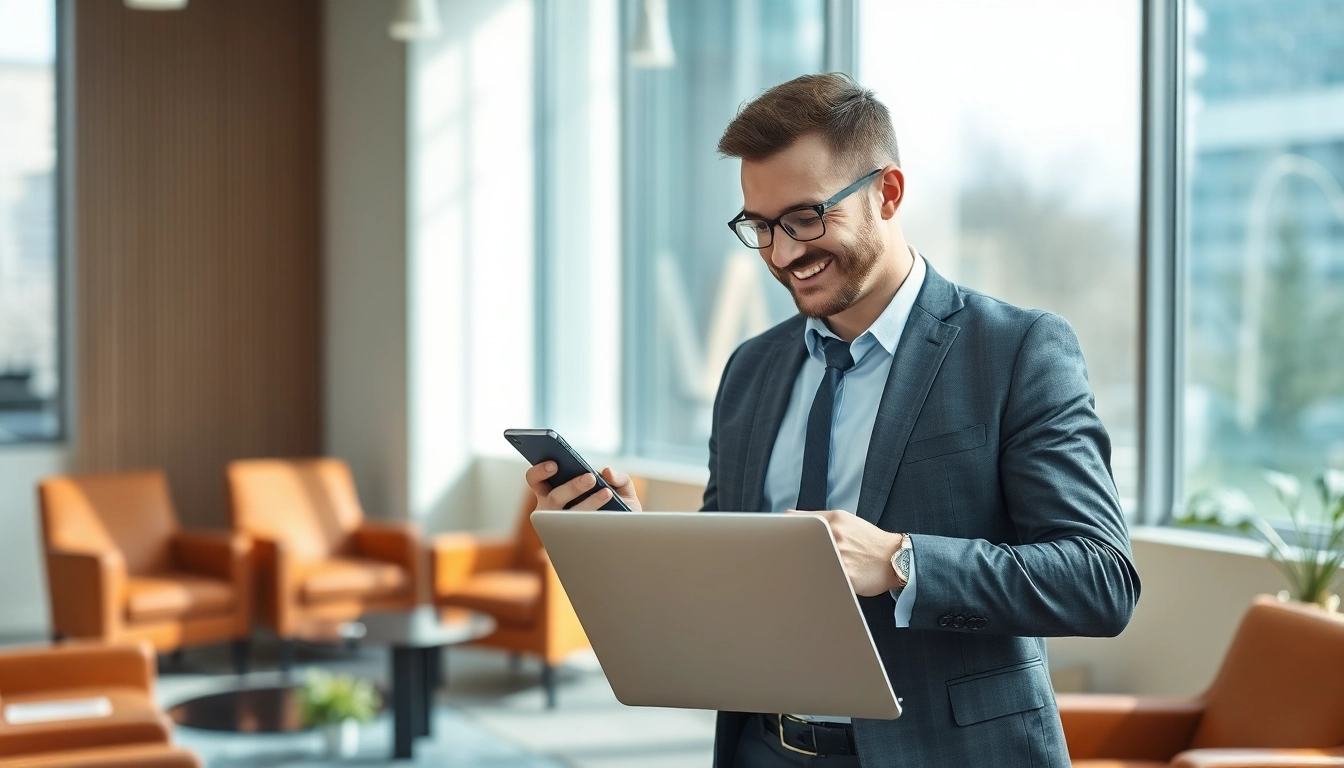 Headhunter Mühlheim bewertet Kandidaten in einem modernen Büro, umgeben von elegantem Mobiliar.