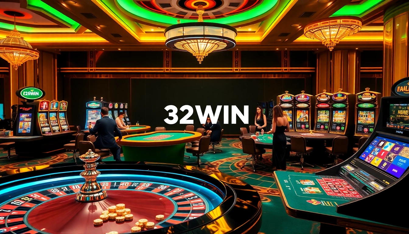 32WIN casino scene with vibrant gaming tables and players enjoying high-stakes action.