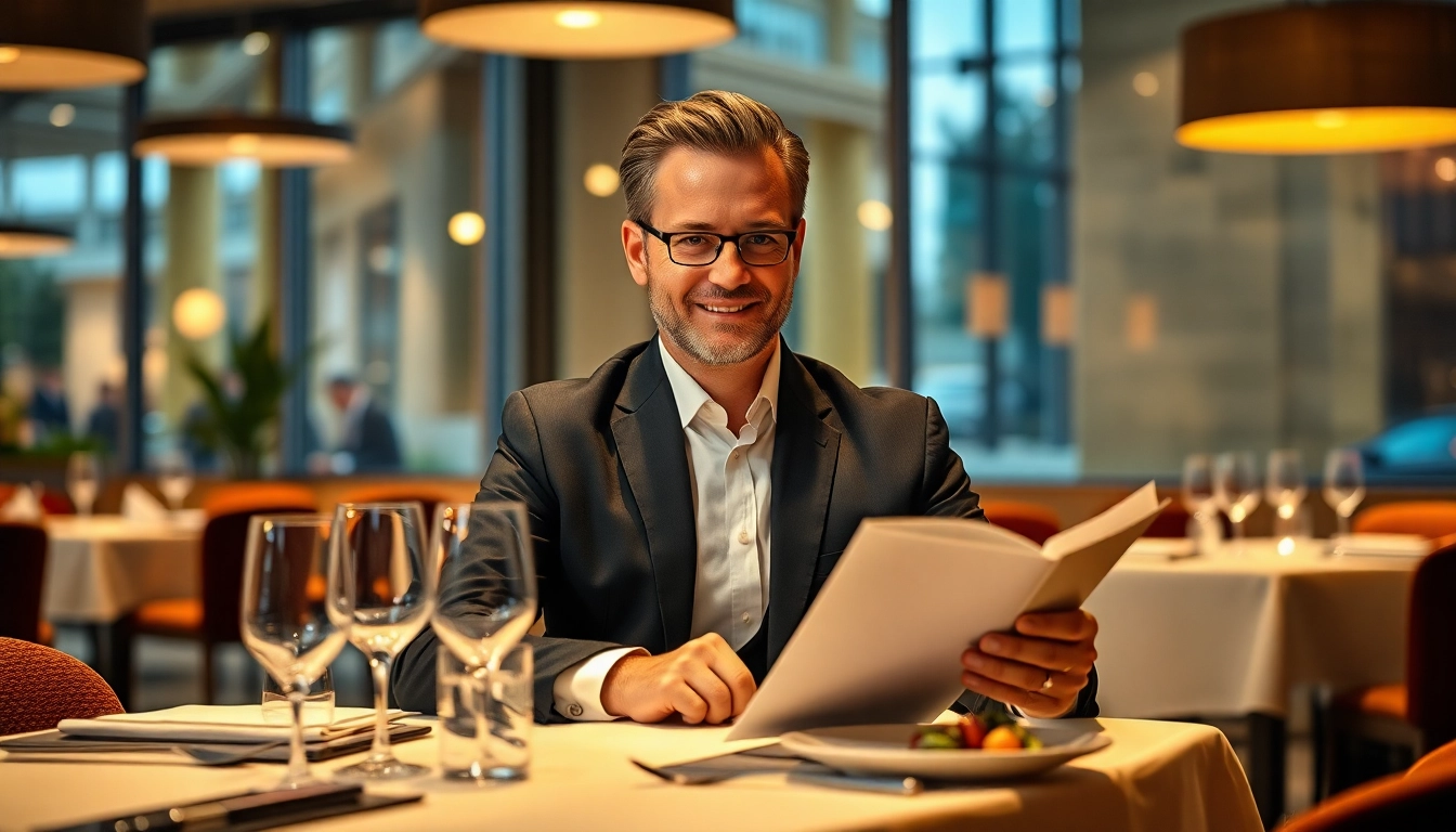Professioneller Headhunter Gastronomie überprüft Lebensläufe in einem modernen Restaurant.