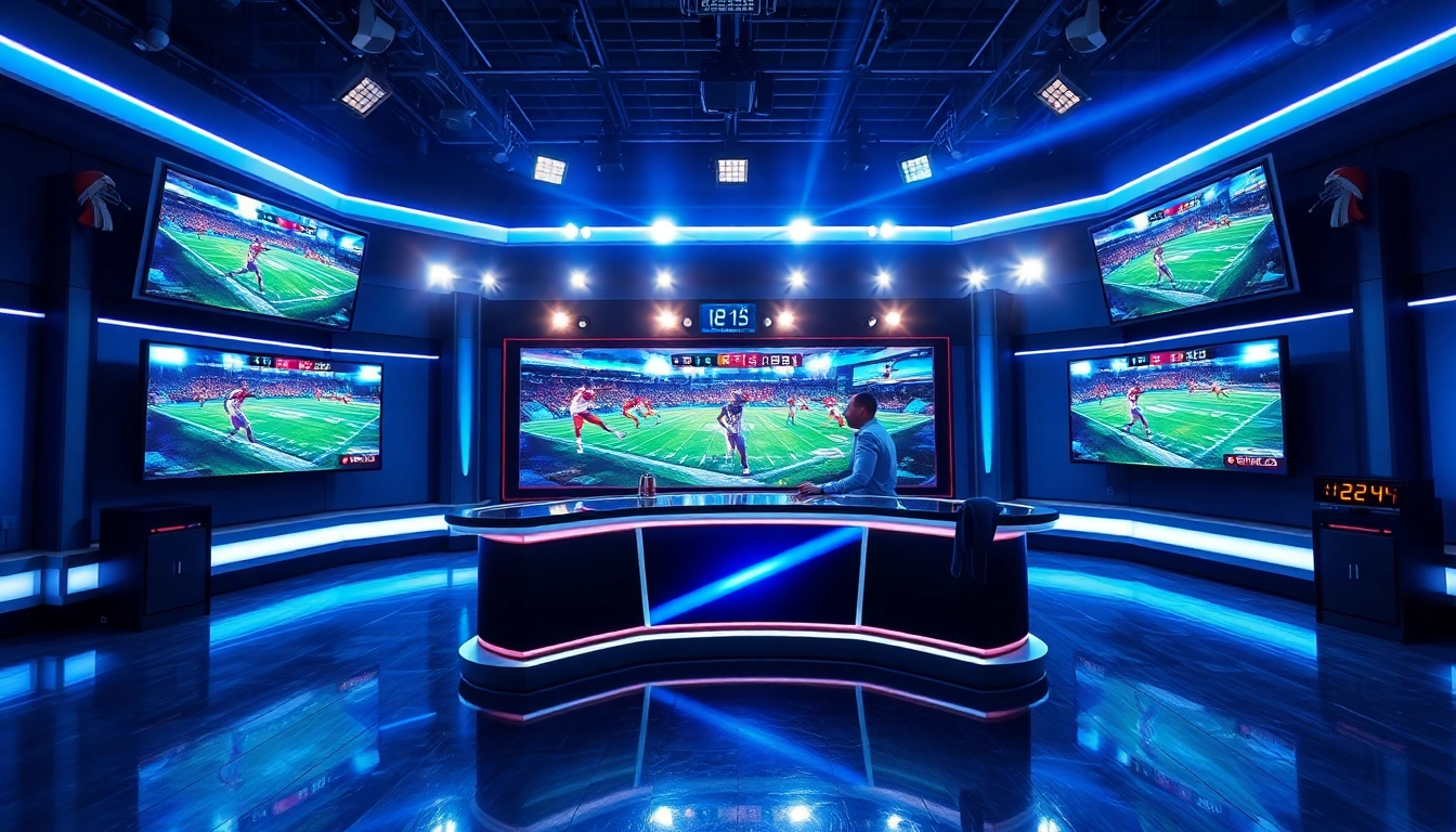 Engaging moment in sports broadcasting with a dynamic studio setup showcasing live sports events.