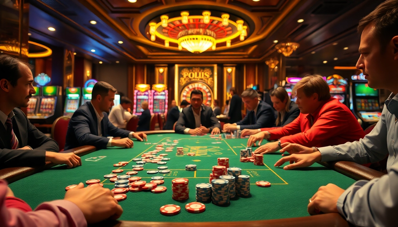 Players strategizing bets at a glamorously set QQ88 poker table in a lively casino scene.