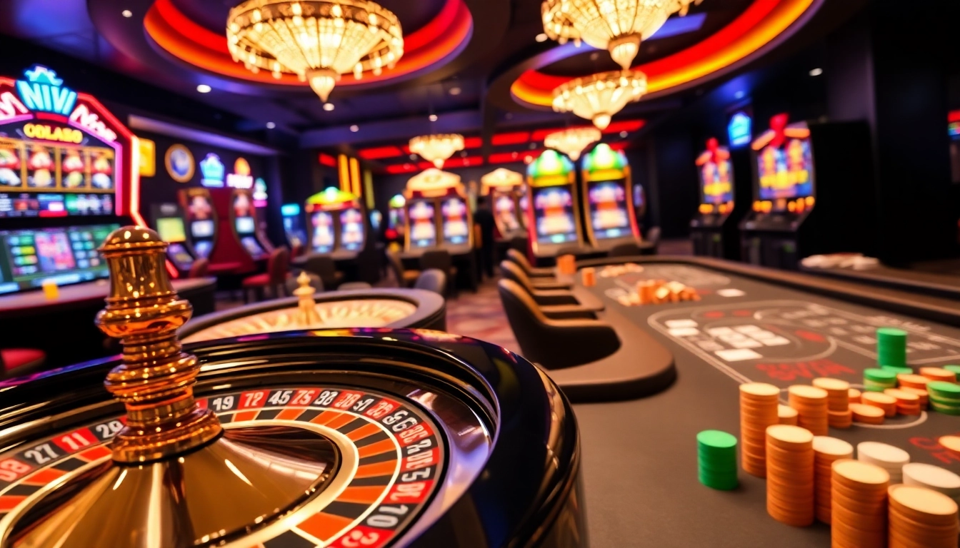 Erleben Sie die lebendige Atmosphäre von NV Casino, während Spieler Roulette und Spielautomaten genießen.