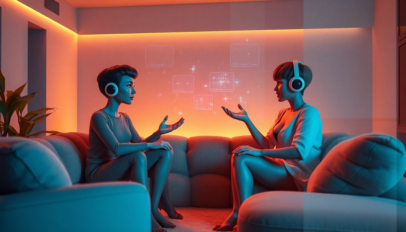 Engaging NSFW AI chat scene with intimate characters in a digital room, showcasing friendly and playful interactions.