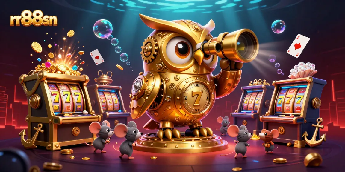 Spin the reels at rr88sn casino with a cartoon owl observing lively gameplay.
