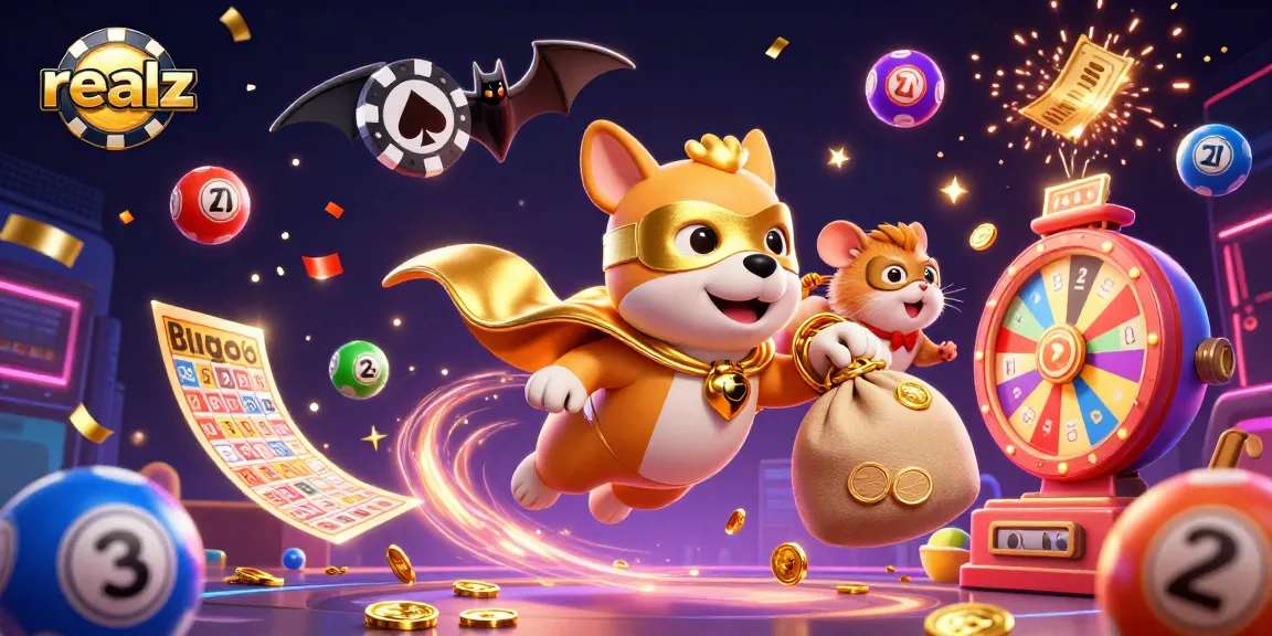 Engage in realz casino games with a superhero dog and gold coins amidst dynamic prizes.