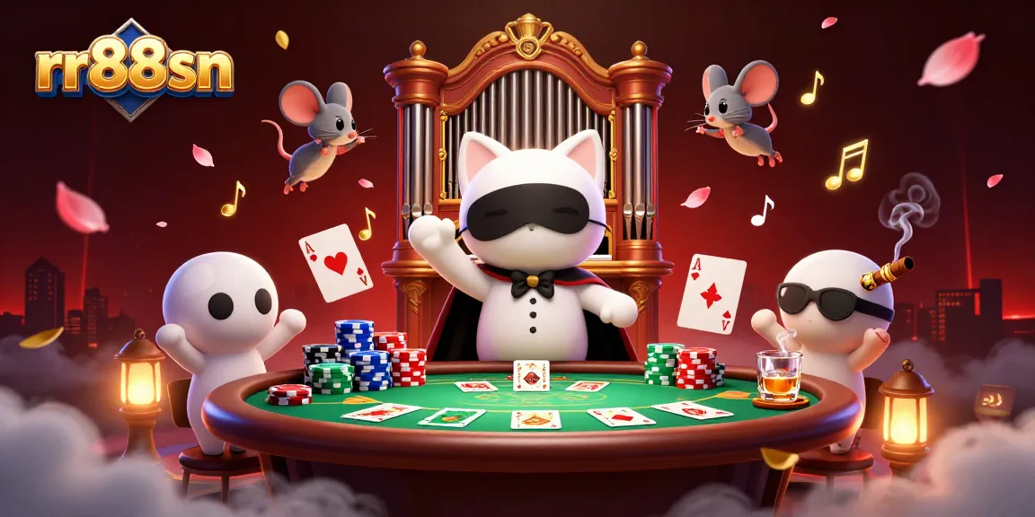 Experience thrilling gameplay at rr88sn with poker tables and acrobatic characters in a vibrant casino scene.