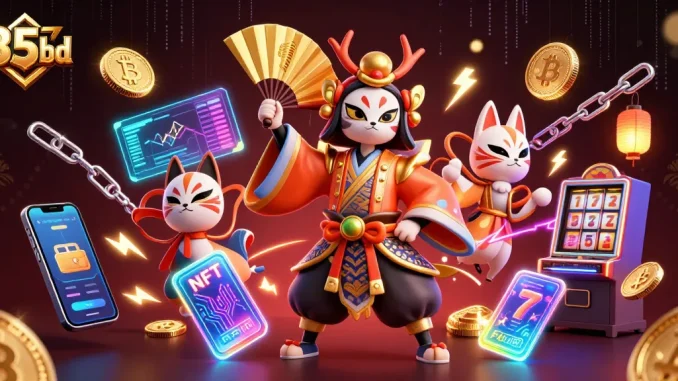 Engage with the enchanting 35bd casino scene featuring a kabuki warrior and crypto elements in a vibrant illustration.