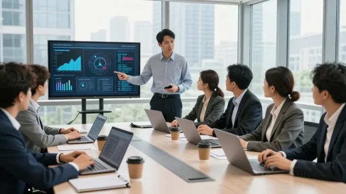 Teammeeting zur Verbesserung des Micromanagement Chefs in einem modernen Büro.
