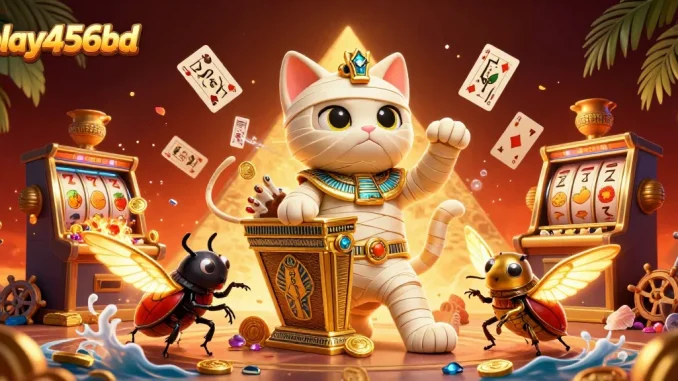 Engage with play456bd for a thrilling casino experience featuring a mummy cat and golden treasures.